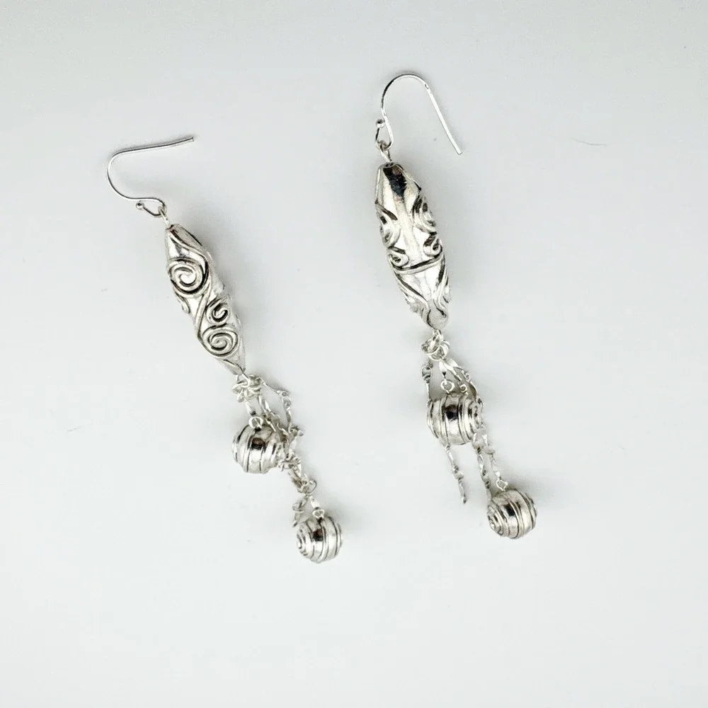 Silver Dangle Earrings Boho Swirl‎ Bead Drop Long Statement